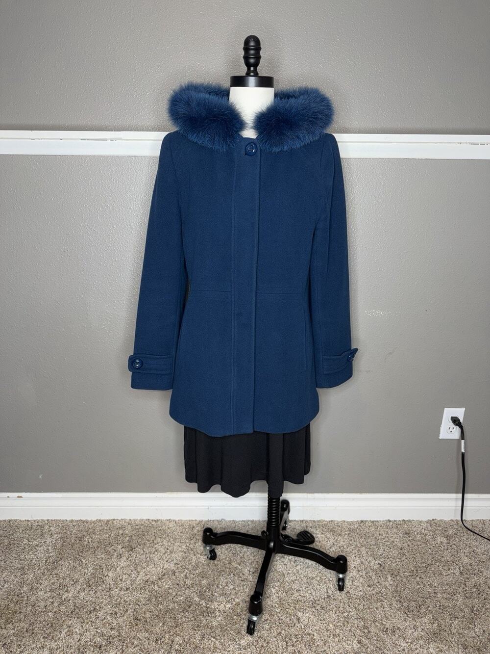 Sachi Teal Blue Hooded Wool Pea Coat Real Fox Fur Hood Trim Petite Medium M PM